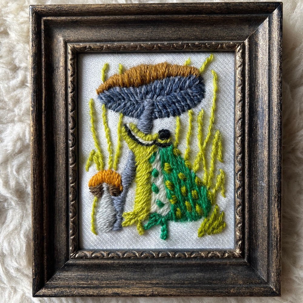 Vintage 1973 70s Embroidered Framed Art Picture Frog Mushroom